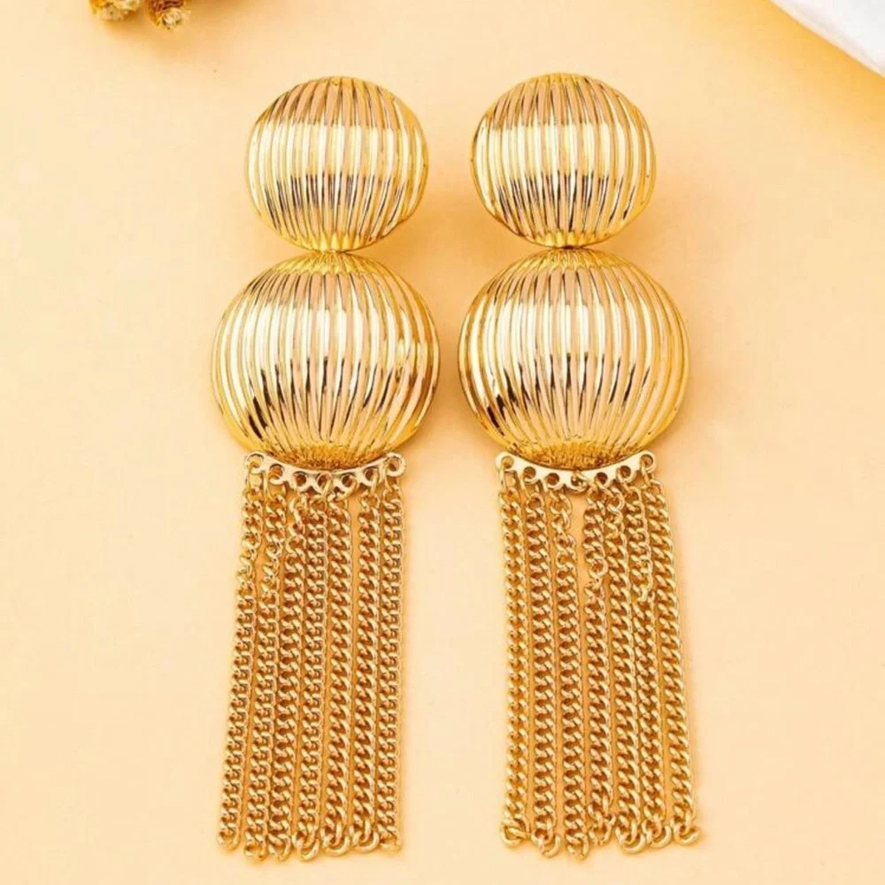 2/$30🌵 Gold Ribbed Circle Metal Long Tassel Chain Earrings Boho Jewelry Gift NEW